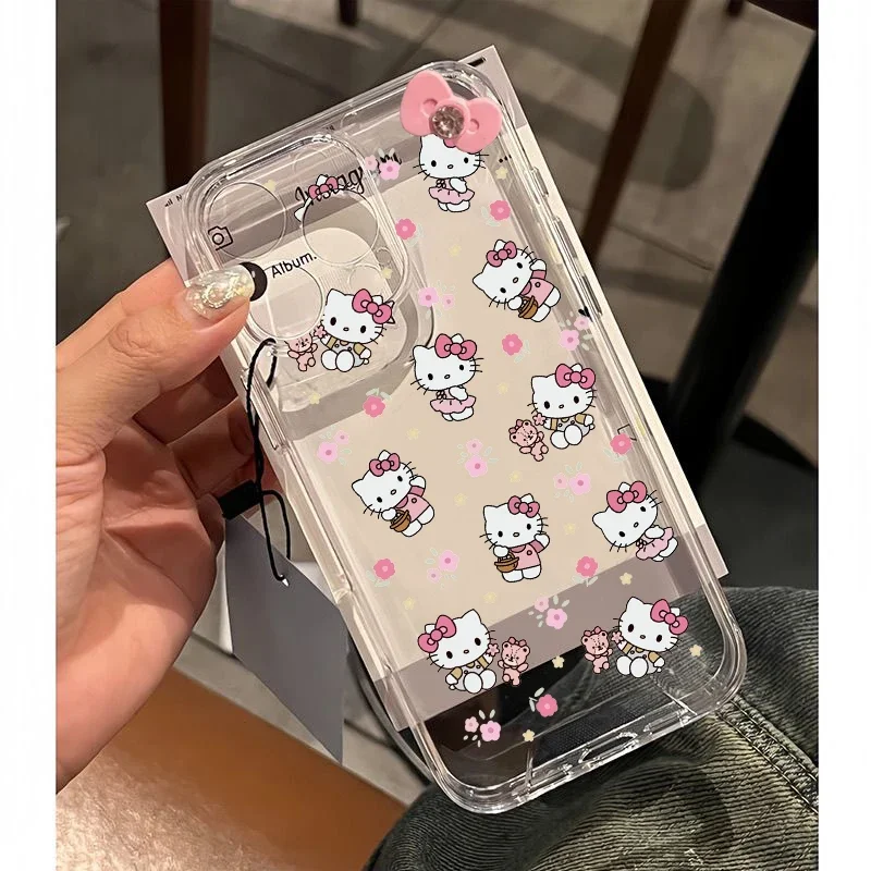 Funda de teléfono para IPhone 16 15 14 12 11 Pro Max 13 Mini 16E XR 8 Plus SE4 Hello Kitty Bow Clear Creative Cámara Fundas protectoras - imagen 3