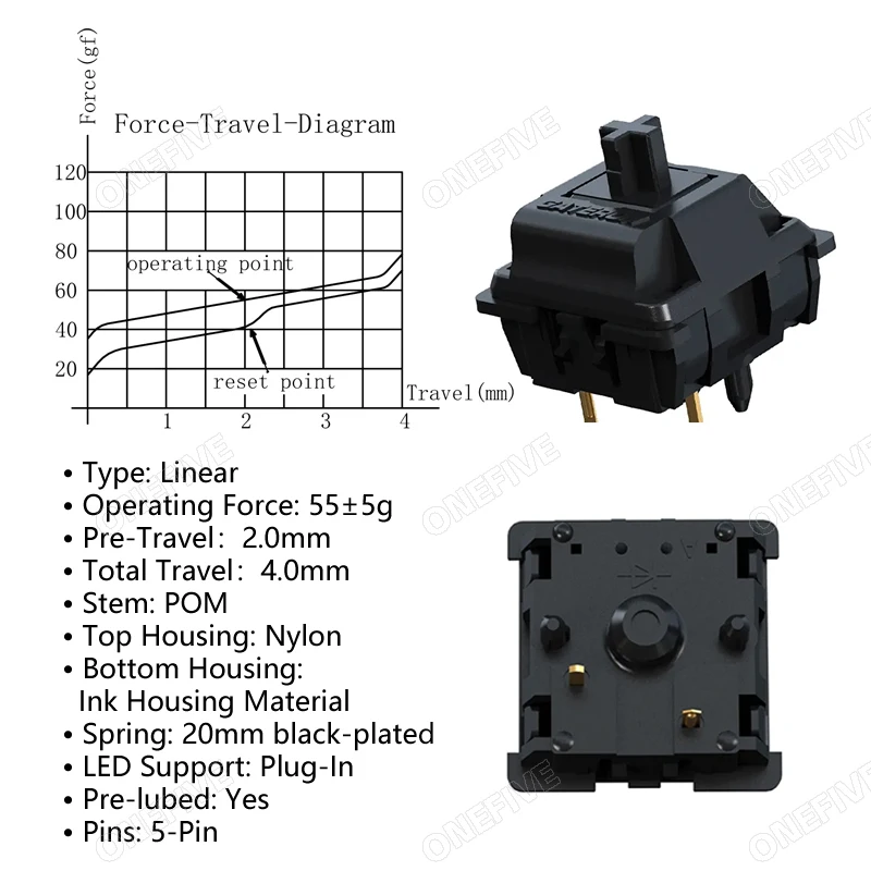 Gateron nuevo oil king 2,0 interruptor 5 pines interruptores lineales precublados 55gf interruptor de teclado mecánico accesorios DIY aceite negro - imagen 3