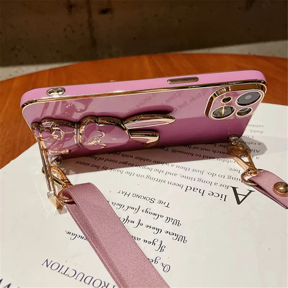 Funda de teléfono con cordón cruzado y soporte de conejo enchapado para Huawei P50 P40 P30 P20 Pro Lite Mate 20 30 40 50 Pro P Smart 2021 - imagen 4