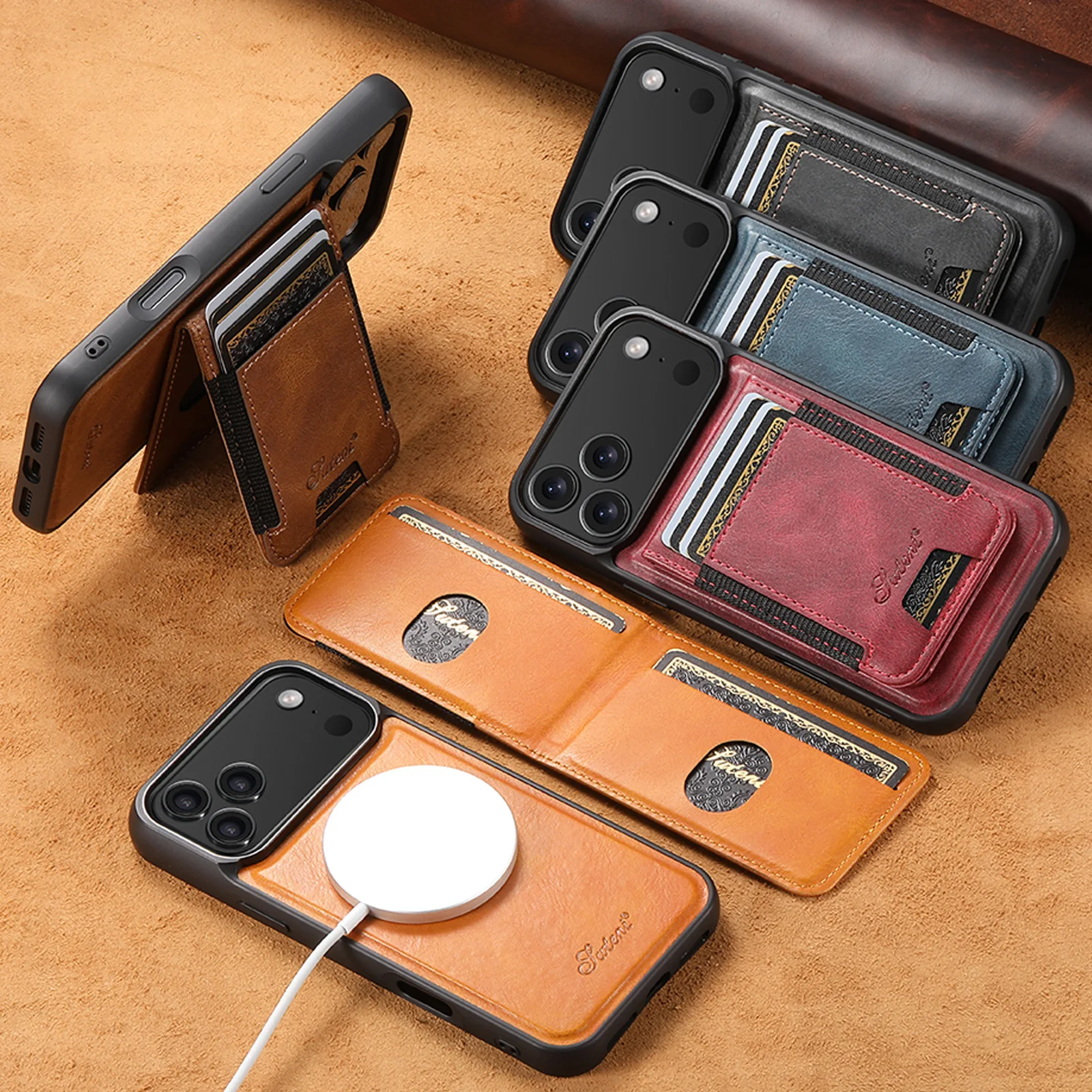 Funda con soporte tipo billetera magnética para iPhone 17 Air Pro Max 16 15 14 13 12 Plus, funda de cuero con soporte Mag-safe, Fundas a prueba de golpes - imagen 3
