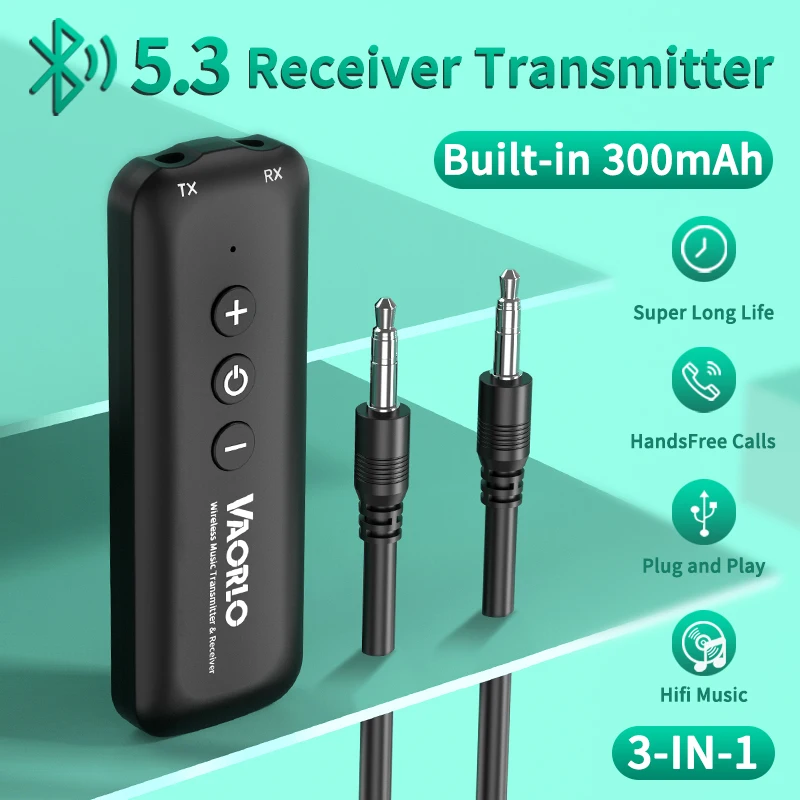 VAORLO 3 en 1 Bluetooth 5.3 Transmisor receptor de audio 3.5 mm AUX USB Estéreo Adaptador inalámbrico de música con micrófono para TV PC Auriculares Kit de coche - imagen 2