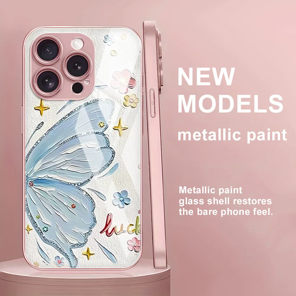 Funda de teléfono de vidrio templado para iPhone 17 13 11 16 14 15 Pro Max 12 17 Air 16E XR X Xs 7 8 Plus Funda de mariposa a prueba de golpes