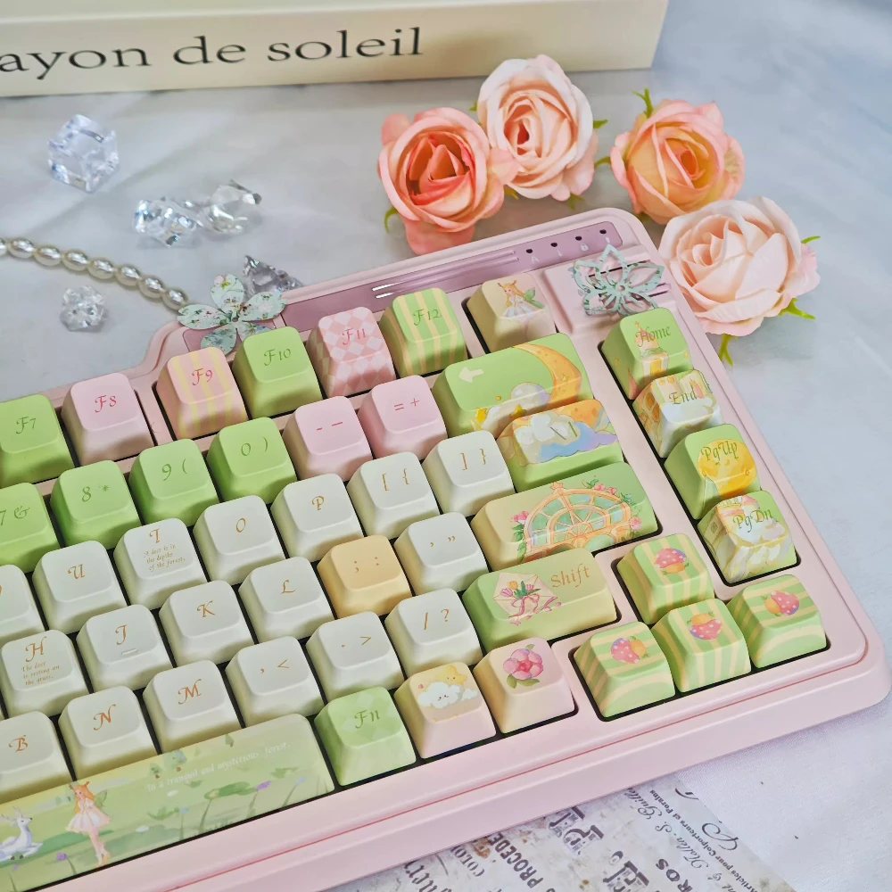 Teclas con tema de bosque y ciervo, cereza verde claro/profilo MDA, teclas de teclado mecánico personalizadas PBT, 140 teclas, bonitas teclas de hadas - imagen 5