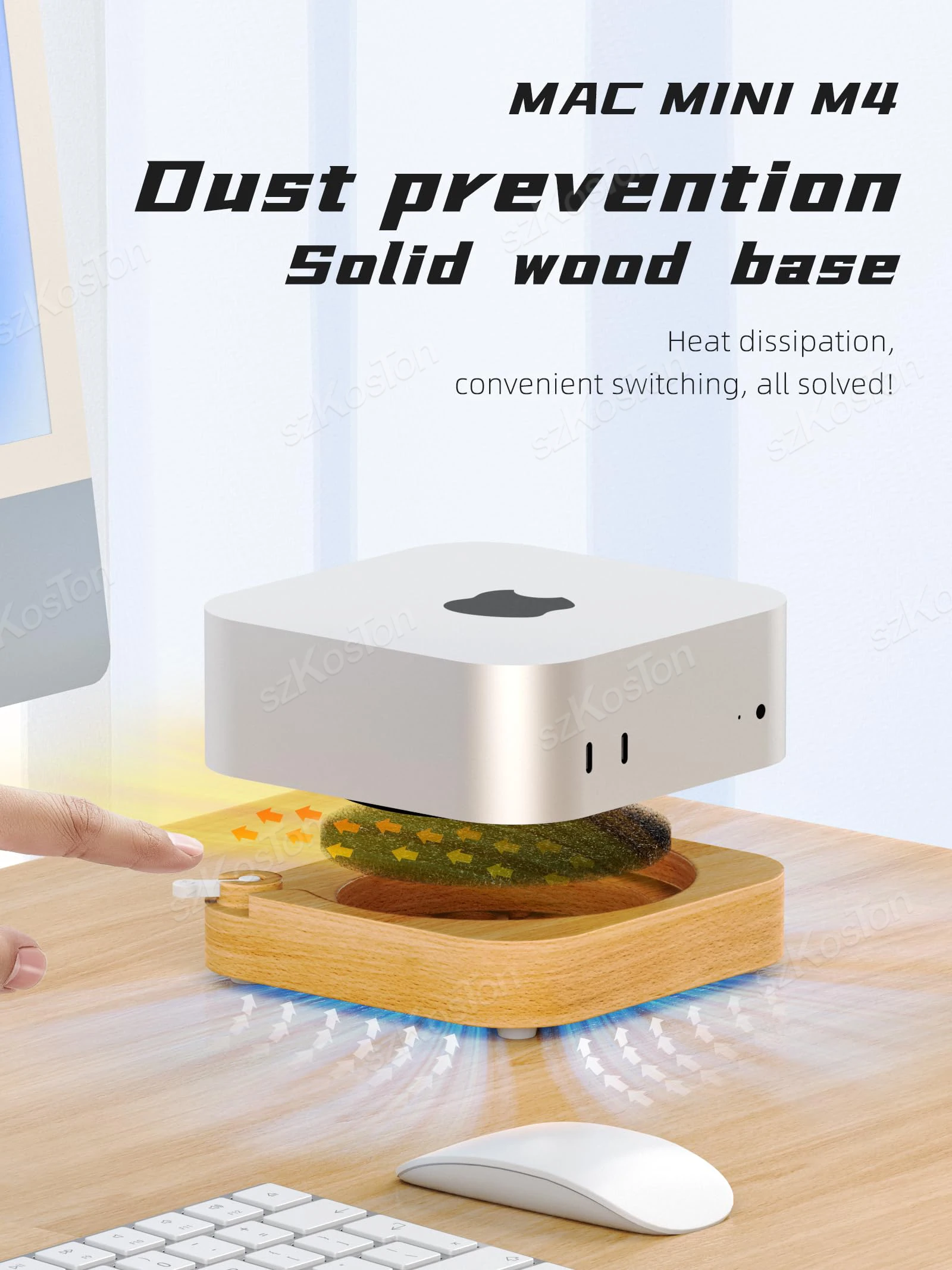 Base de madera a prueba de polvo para Mac Mini M4 y M4 Pro, soporte de escritorio para ordenador con botón de encendido externo, soporte de base de disipación de calor - imagen 4