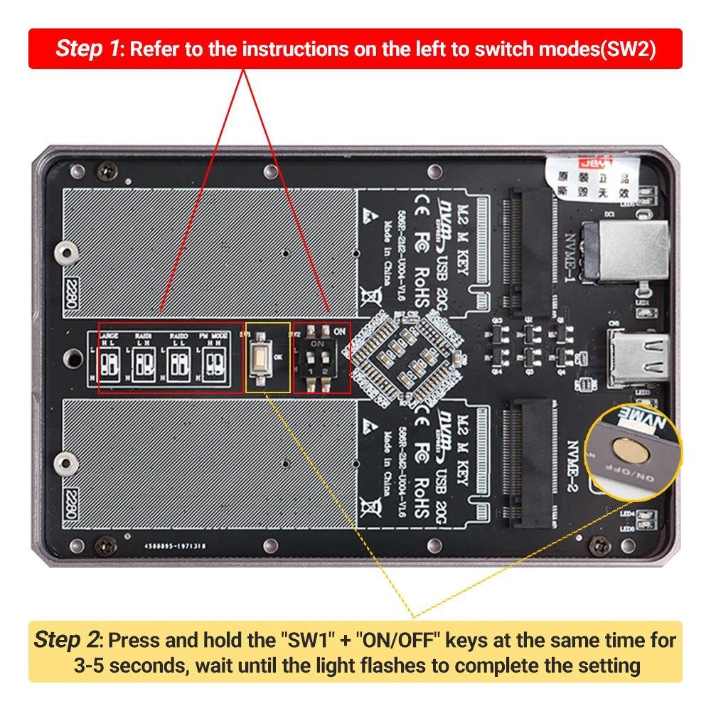 JEYI-carcasa Nvme Dual, carcasa RAID de Hardware de 2 bahías, carcasa SSD de velocidad de transmisión de 20Gbps, compatible con RAID0/ RAID1/ Large/ JBOD - imagen 5