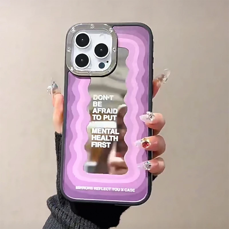 Funda de teléfono con cara de espejo de onda curva Ins para iPhone 16 15 13 14 Pro Max carcasa trasera dura acrílica a prueba de golpes - imagen 3