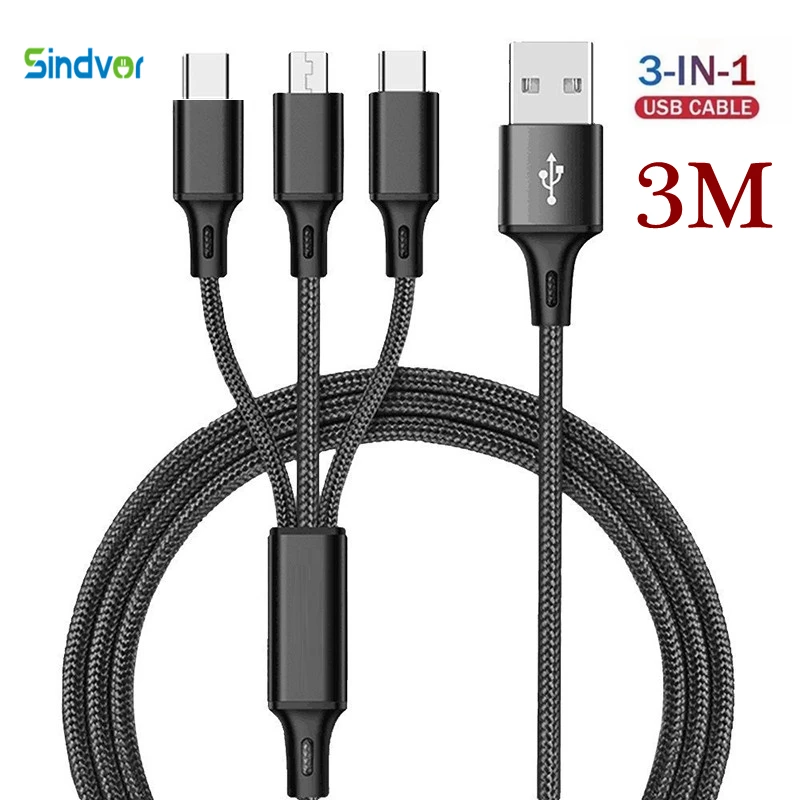 Cable de carga 3 en 1, Cable cargador USB tipo C, Micro Cable multipuerto de 1,2 M/2M/3M para iPhone 15 14 Pro Max Samsung Galaxy Xiaomi 12 - imagen 2
