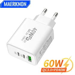 Cargador USB-C PD de 60 W con 3 puertos de carga rápida