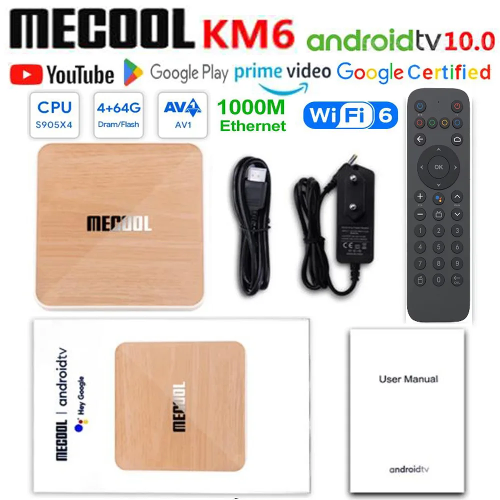 [Genuino] caja de TV Global MECOOL KM6 Wifi 6 AV1 certificado por Google Android10 4G 64G Amlogic S905X4 1000M LAN BT 5,0 decodificador inteligente