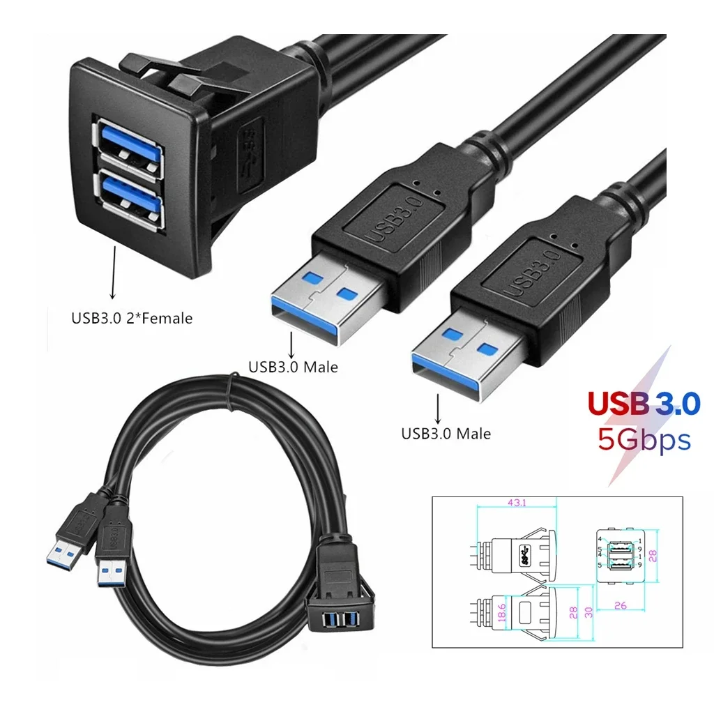 Enchufe USB de doble puerto extensible Cabe USB3.0, Cable de extensión de montaje empotrado para coche, Panel de tablero, Cable USB cuadrado para coche y motocicleta