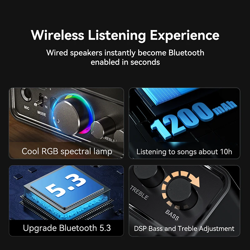 Receptor y transmisor de Audio con Bluetooth 5,3, adaptador inalámbrico DAC/3,5mm AUX/RCA/USB/Coaxial/óptico/6,5 MM, micrófono, Karaoke, DSP, TV - imagen 4
