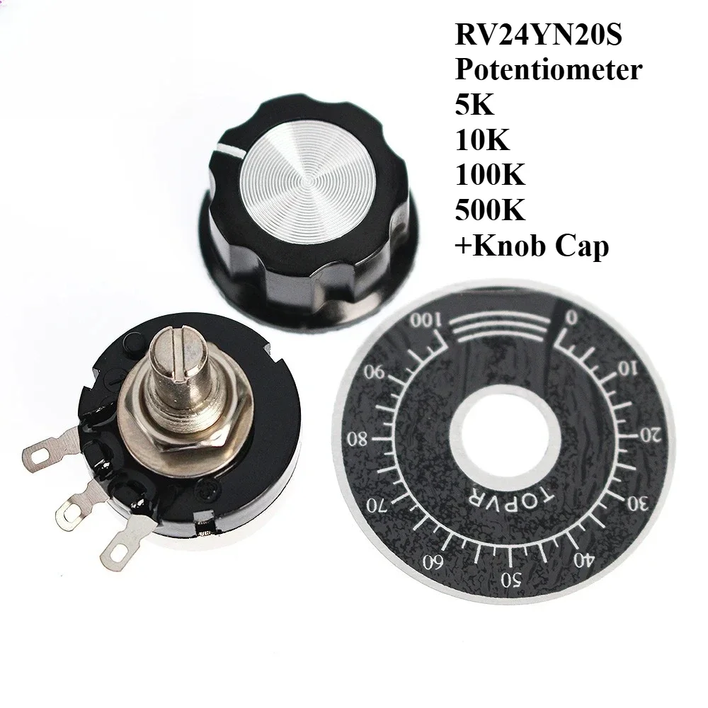 Juego de potenciómetro RV24YN20S, potenciómetro 10K 100K 5K 500K + tapa de perilla A03 de 6mm con placa de escala, 1 Juego de perilla de potenciómetros
