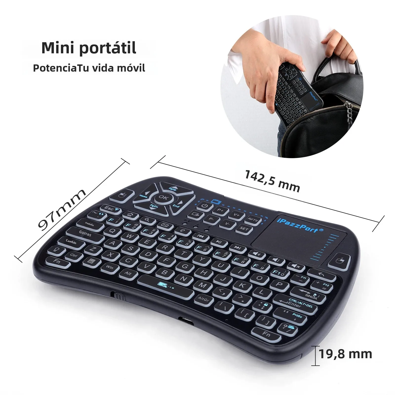 Mini teclado retroiluminado iPazzPort con panel táctil, modo Bluetooth y 2,4 GHz, control remoto IR, RGB recargable para Smart TV/Android/PS4/PC - imagen 5