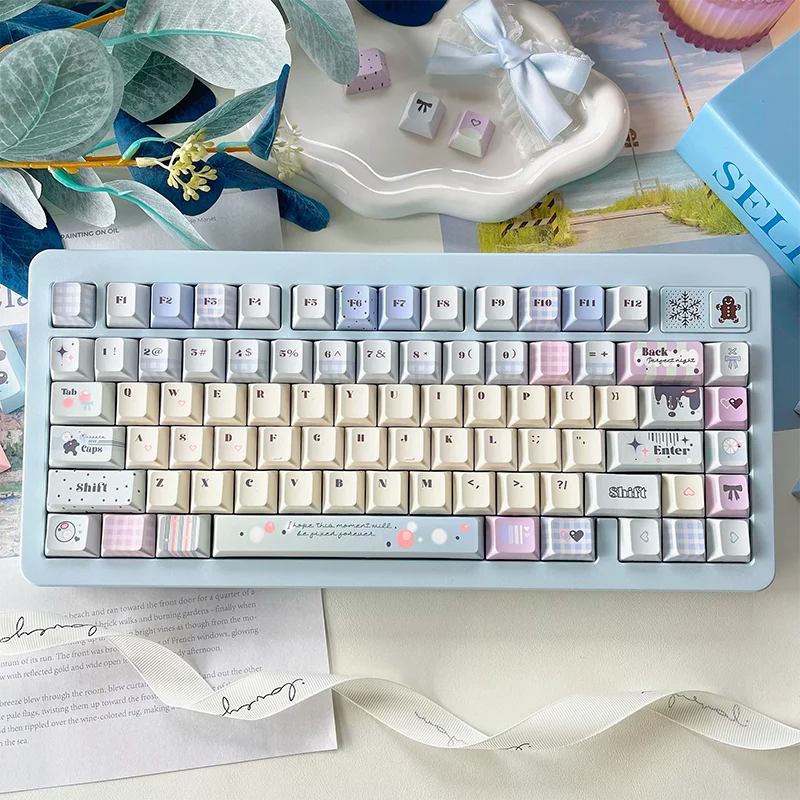 Teclas de color blanco lechoso y azul para teclado mecánico, teclas bonitas de sublimación PBT con perfil de cereza, 129 teclas - imagen 5