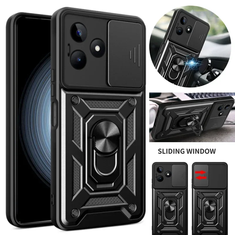 Funda de silicona para teléfono Realme C53 C33 C51 C35 C55 C63 C71 C67 C65 5G 4G, protección de cámara deslizante, armadura, cubierta de anillo de soporte magnético - imagen 3