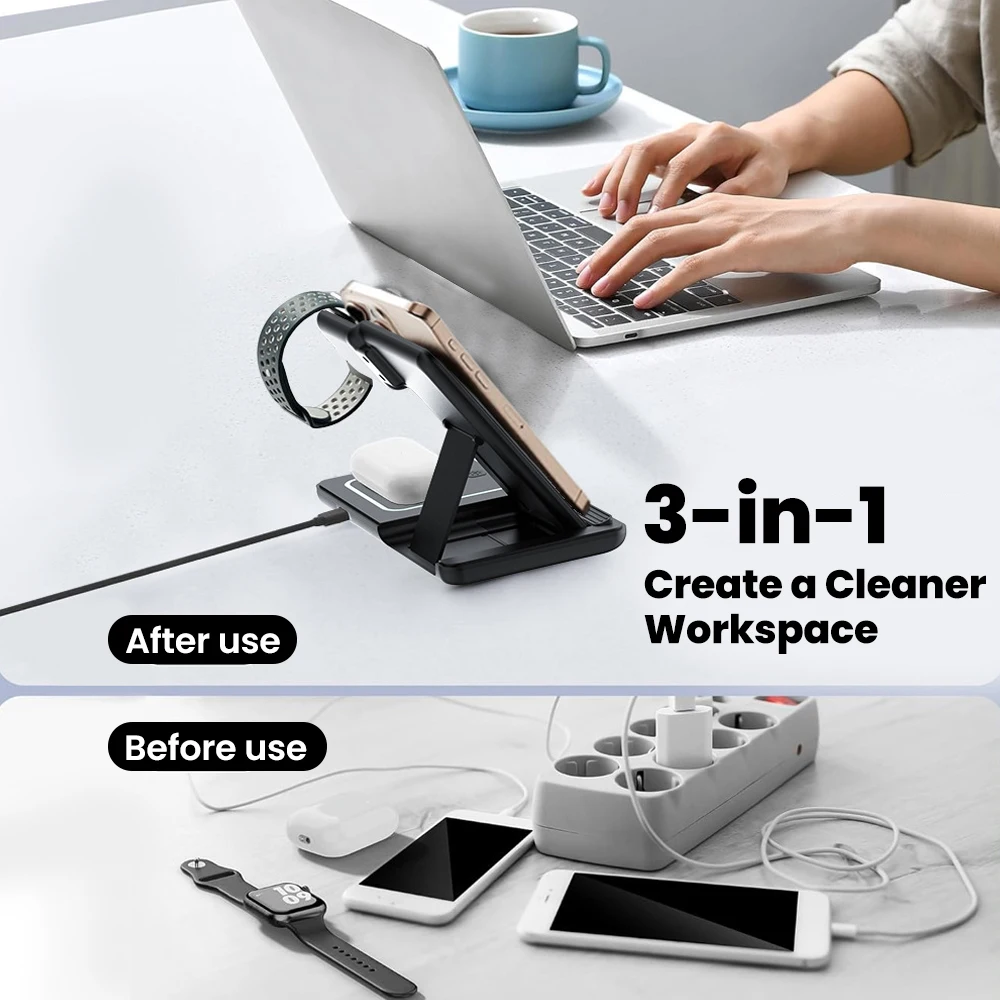 Cargador inalámbrico plegable 3 en 1 QC3.0 magnético 15W cargador de teléfono inalámbrico de carga rápida para iphone teléfono reloj auriculares - imagen 5