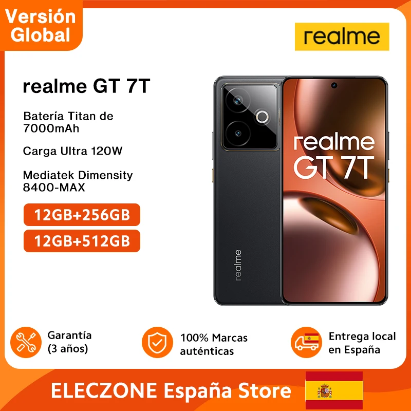 Versión global realme GT 7T 5G AI Smartphone Mediatek Dimensity 8400 Max Pantalla AMOLED de 6,8» Batería de 7000 mAh Carga de 120W