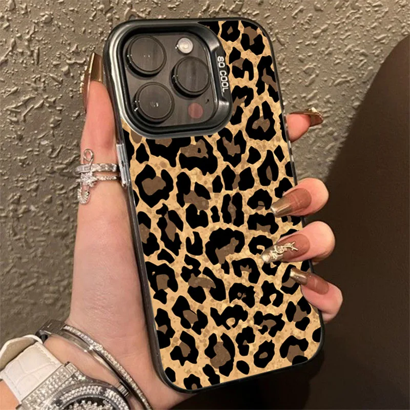 Funda de teléfono con armadura anticaída de leopardo marrón para iPhone 15 Pro Max 16 14 13 12 11 Pro X XR XS 7 Plus 16E cubierta protectora de lente