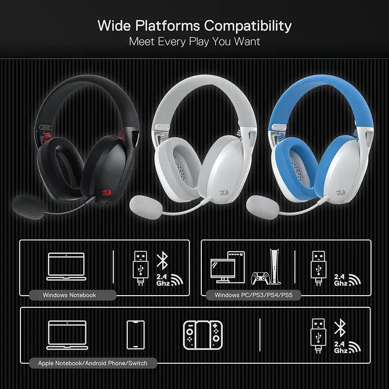 Redragon H848 Auriculares Bluetooth inalámbricos para juegos Ligero sonido envolvente 7,1 Controladores de 40 mm Micrófono desmontable Plataforma múltiple - imagen 5