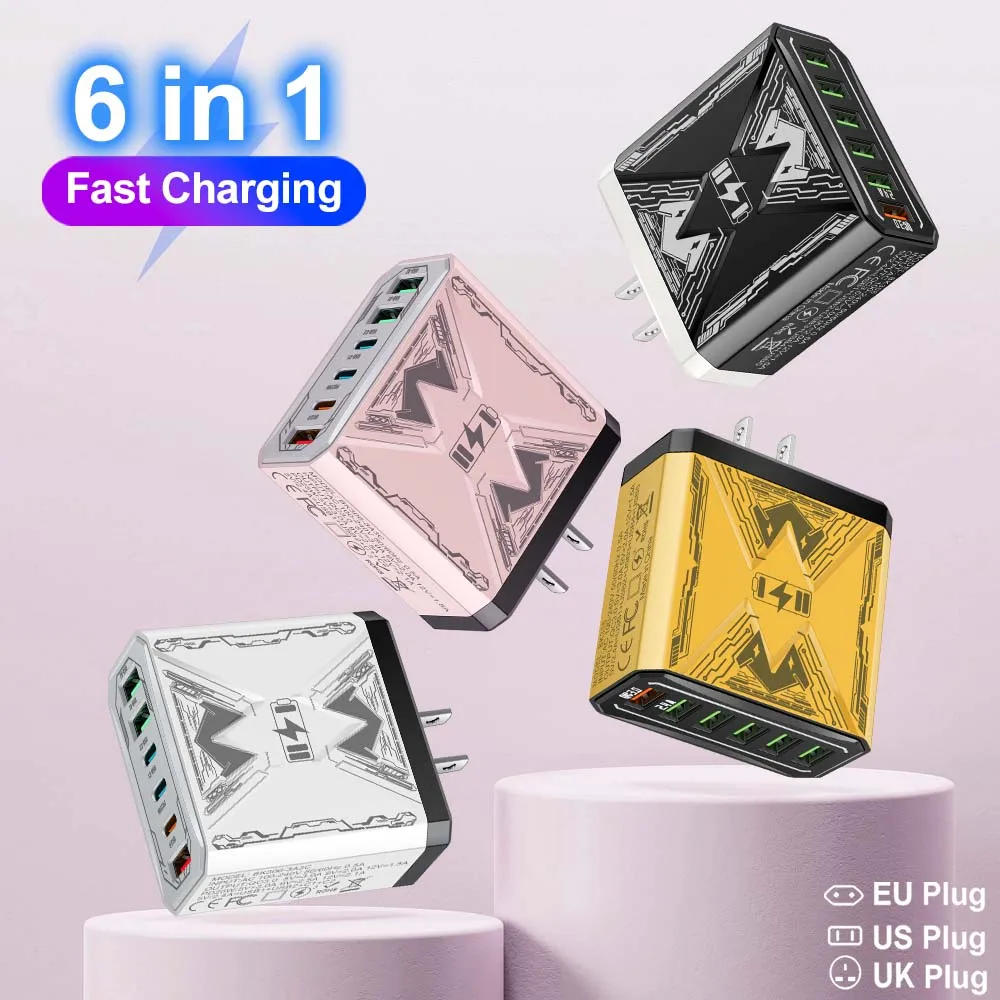Cargador de 6 puertos QC3.0, cargador rápido de carga para iPhone, Samsung, Huawei, adaptador de carga para teléfono móvil, enchufe UE/EE. UU./Reino Unido