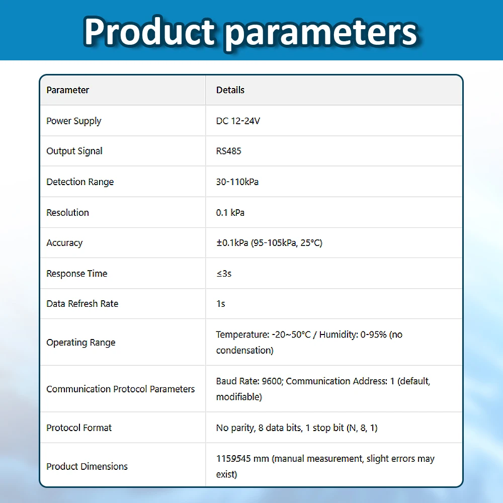 Módulo Sensor de presión atmosférica 30-110Kpa 4-20mA 0-10V RS485 Modbus RTU medida sensores de presión de aire transmisor 1M DC12-24V - imagen 4