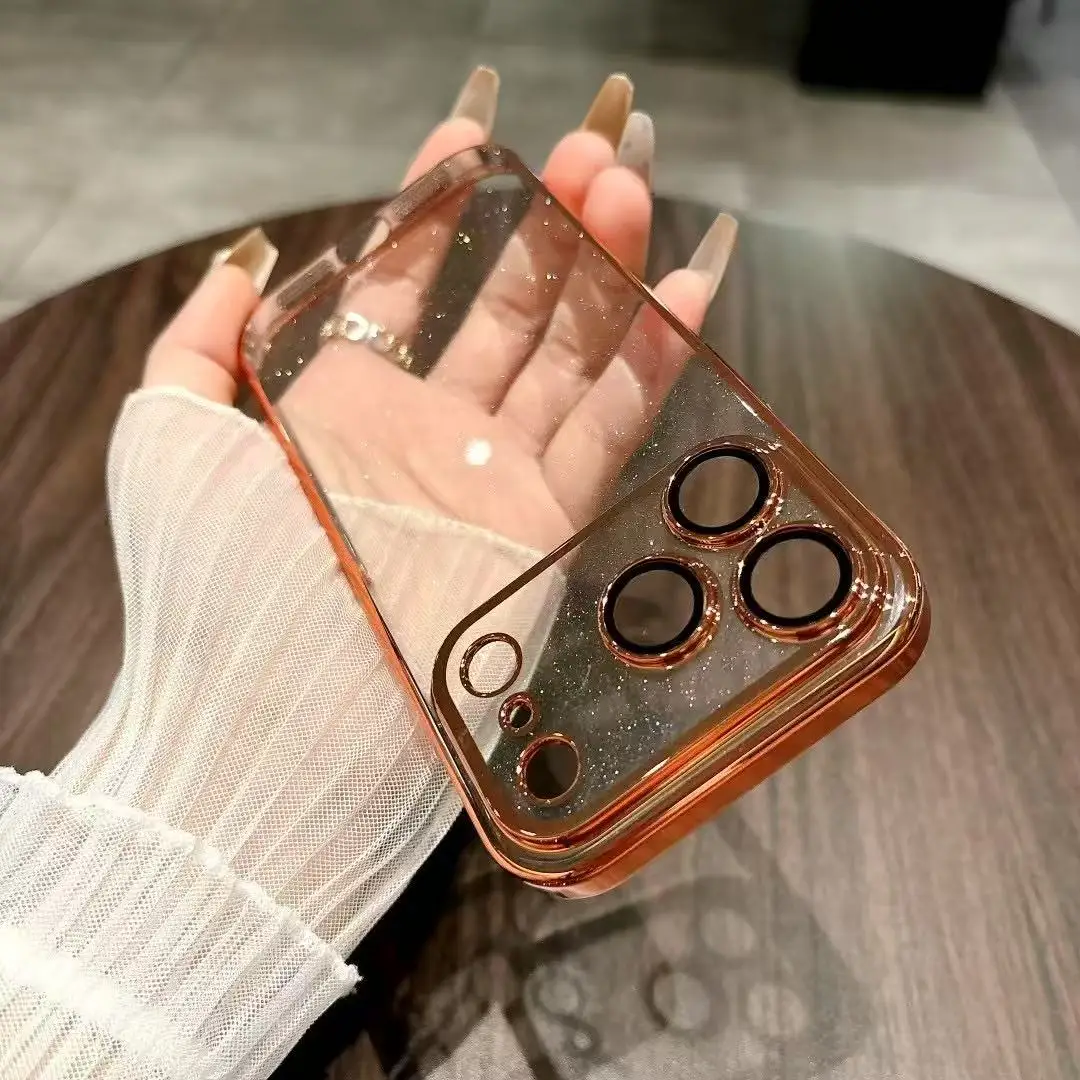Funda de teléfono transparente con purpurina chapada para iPhone 17 16 14 13 15 12 Pro Max Plus 17Pro 17 fundas protectora de cámara transparente de aire, funda para iphone 17 16 pro max
