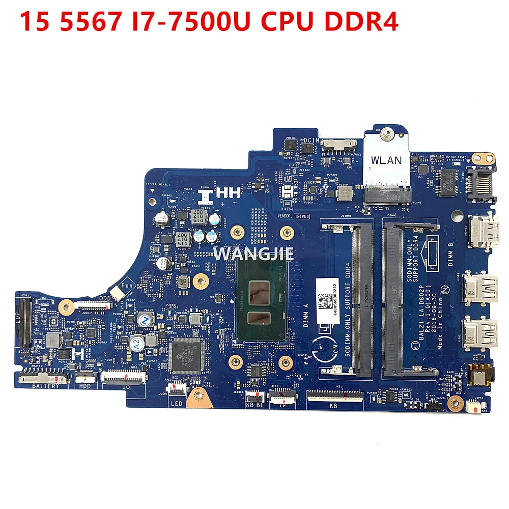 BAL21 LA-D802P para Dell Inspiron 15 5567 placa base de computadora portátil CN-081YW5 081YW5 I7-7500U CPU DDR4 100% en funcionamiento