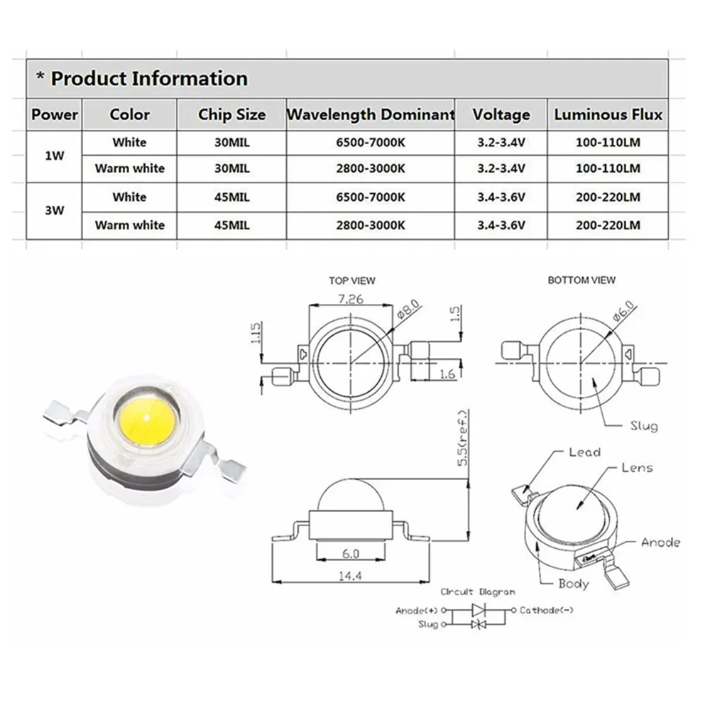 1W de alta potencia DC 3,2-3,6 V cuentas LED diodo de luz LED Chip SMD blanco cálido para foco Downlight bombilla de lámpara DIY - imagen 4