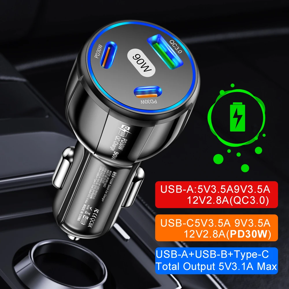 Cargador rápido de 90W, 3 puertos PD, USB, carga de coche, adaptador tipo C para teléfono móvil, cargador rápido en el coche para iPhone 14 15 Pro/Max Samsung - imagen 3