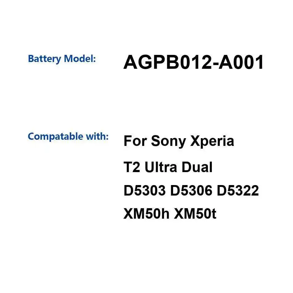 Batería de teléfono móvil AGPB012-A001 3000Mah para Sony Xperia T2 Ultra Dual D5303 D5306 D5322 Xm50h Xm50t