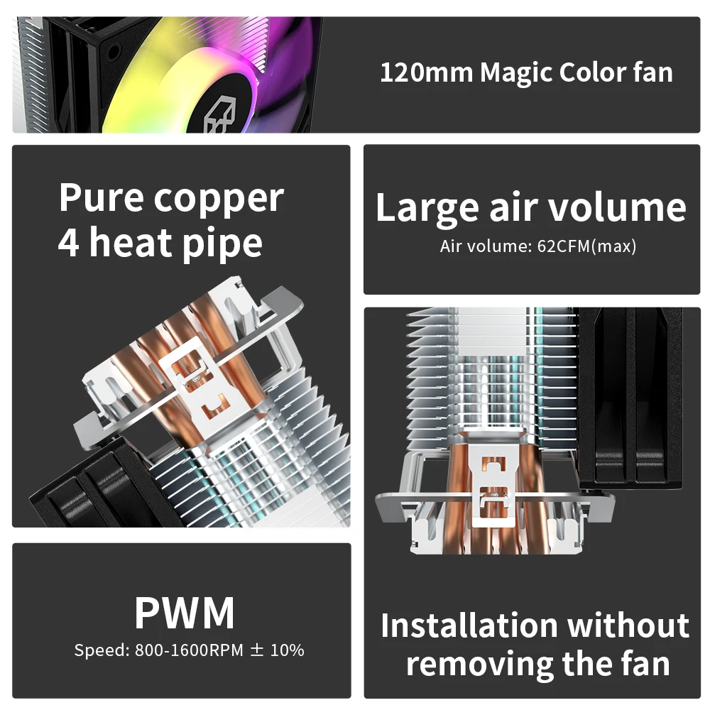 PADO 400 CPU Cooler Radiator RGB PWM versión silenciosa 4 tubos de calor PC enfriador de aire ventilador de 120mm para Intel LGA 775 17XX 115X 1200 AMD AM5 - imagen 2