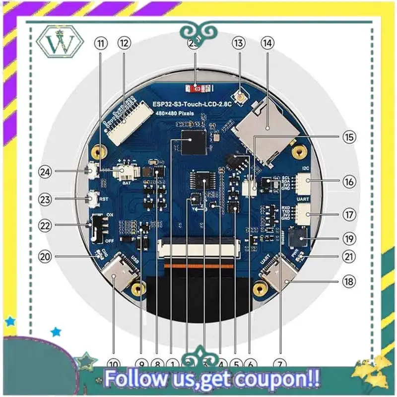 Nueva placa de desarrollo LCD ESP32 S3 de 2,8 pulgadas pantalla táctil cautiva 480X480 con Sensor QMI8658 de 6 ejes - imagen 3