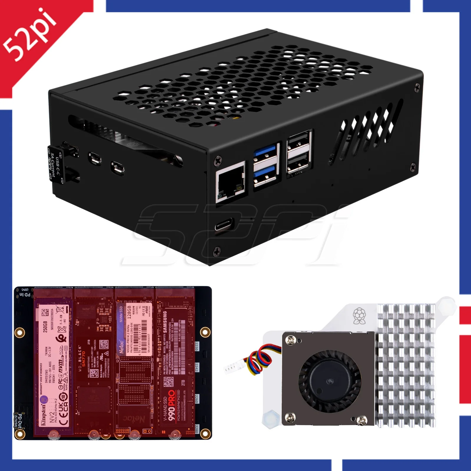 Caja de Metal de 52Pi compatible con placa adaptadora de expansión N16 Quad NVMe y enfriador para Raspberry Pi 5