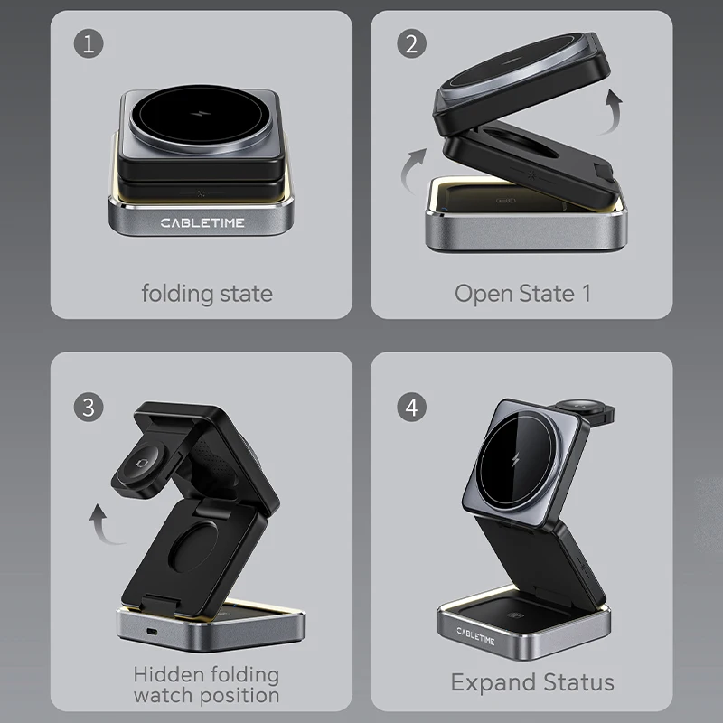 CABLETIME Soporte de cargador inalámbrico magnético plegable 3 en 1 para iwatch Airpods iPhone 16/15/14 Samsung S23 S22 S21 Galaxy Watch - imagen 5