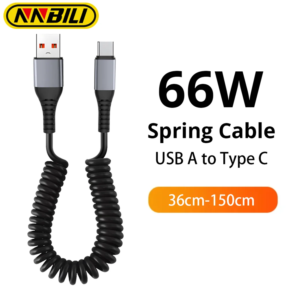 NNBILI Cable de carga rápida telescópico de 66W, cargador USB 6A, Cable tipo C, Cable de resorte de carga rápida para Huawei, Xiaomi, Samsung