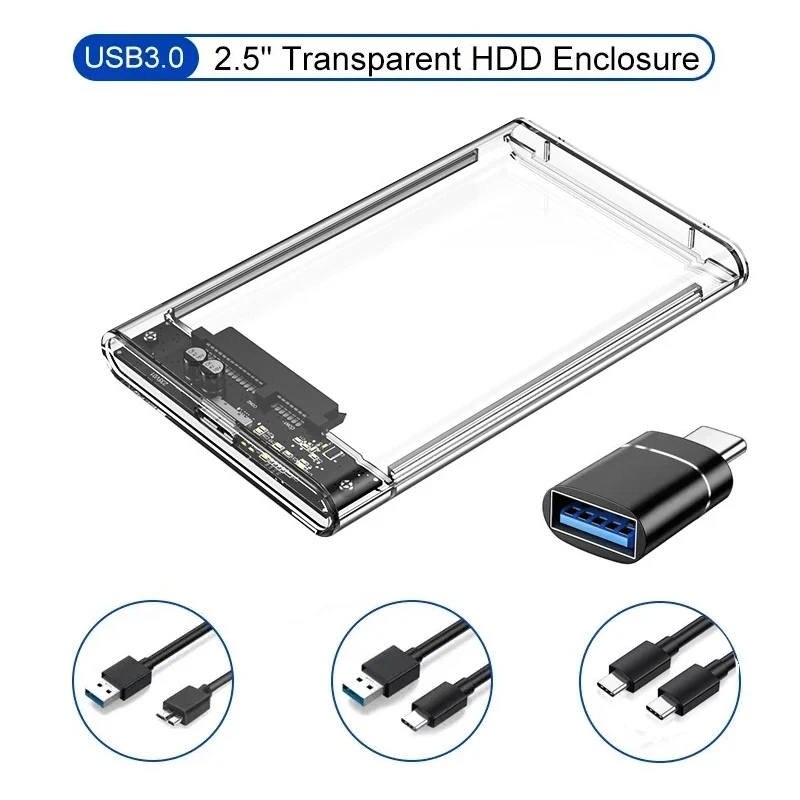 Caja HDD transparente, carcasa HDD de 2,5 pulgadas SSD SATA a USB 3,0 tipo C 3,1, adaptador portátil, caja de disco duro externo sin herramientas - imagen 2