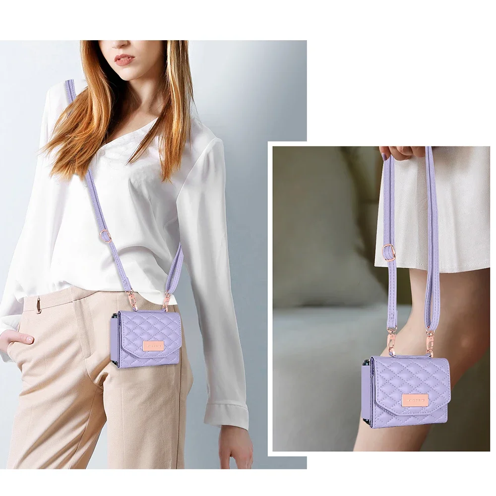 Funda de cuero con cordón para Samsung Galaxy Z Flip 6, 5, 4, 3, 5G, Flip6, Flip5, correa de diamante, Triple pliegue, monedero - imagen 4