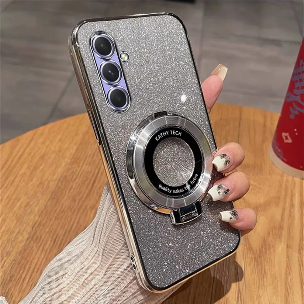 Funda con soporte magnético chapado con purpurina para Samsung Galaxy A16 A06 A55 A15 A25 A35 A05 A05S A54 A24 A34 A14 A04 funda suave con soporte - imagen 2