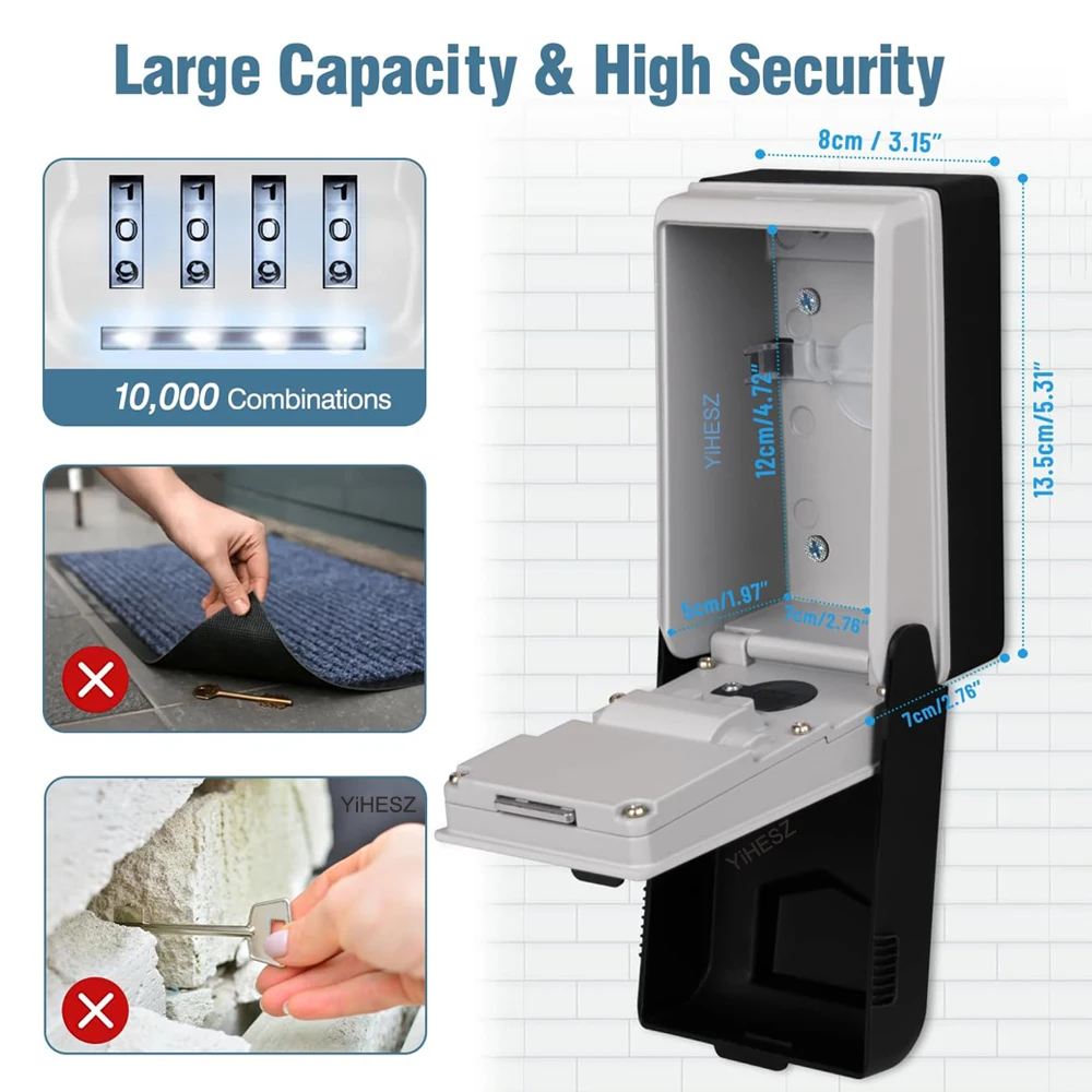 Caja de bloqueo de llave con contraseña de rueda de marcación, llave de seguridad segura, Mini cajas fuertes impermeables para exteriores, caja de bloqueo pequeña, luz LED integrada para la noche - imagen 3