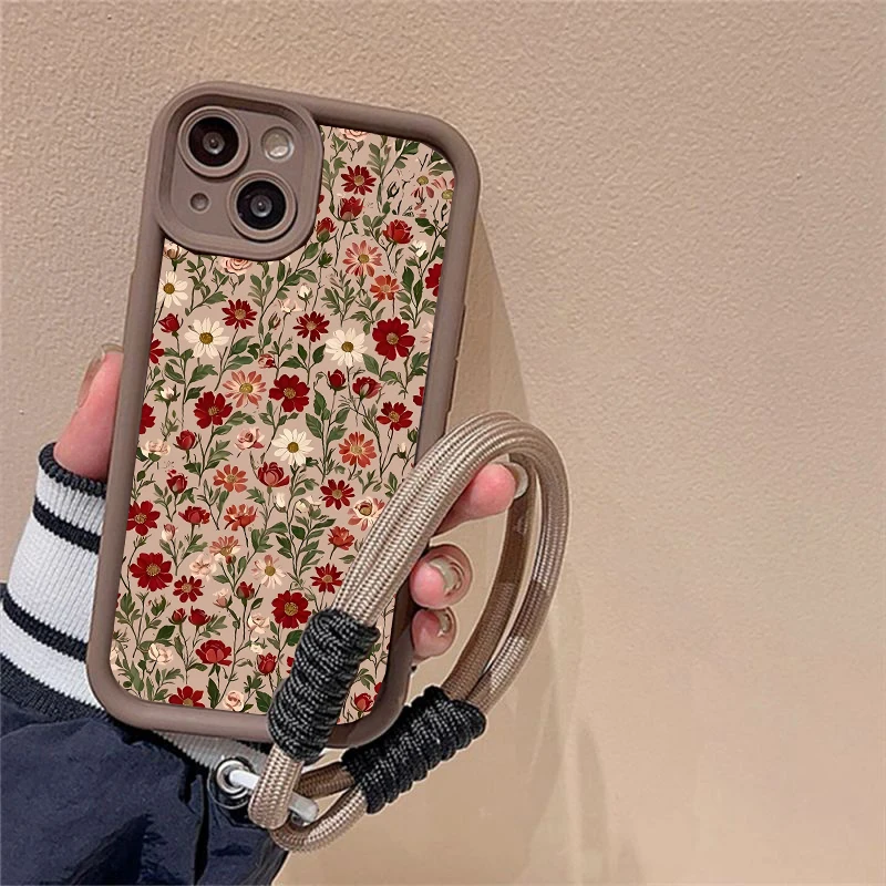 Funda con cuerda de mano con correa y estampado Floral para Motorola Moto E13 E14 E22 G15 G9 Play G32 G52 G35 G30 G34 G85 G54 E32 G05 G75 - imagen 2
