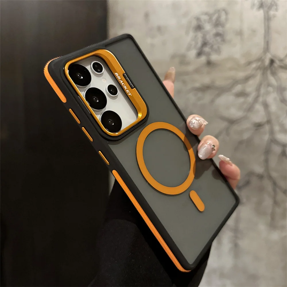 Para Magsafe armadura antideslizante soporte de lente funda de teléfono para Samsung S25 S24 FE S23 Plus S22 Ultra carga inalámbrica cubierta transparente negra - imagen 3