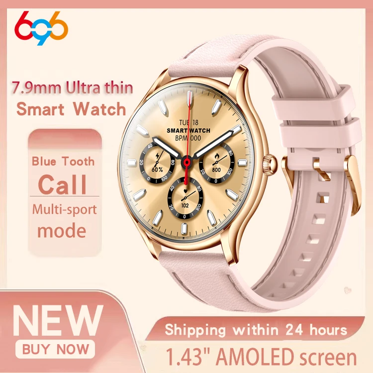 Reloj inteligente ultrafino de 7,9mm para mujer, pantalla AMOLED de 1,43 ", llamada de diente azul, relojes inteligentes, ritmo cardíaco, salud, deportes, Fitness, música para mujer