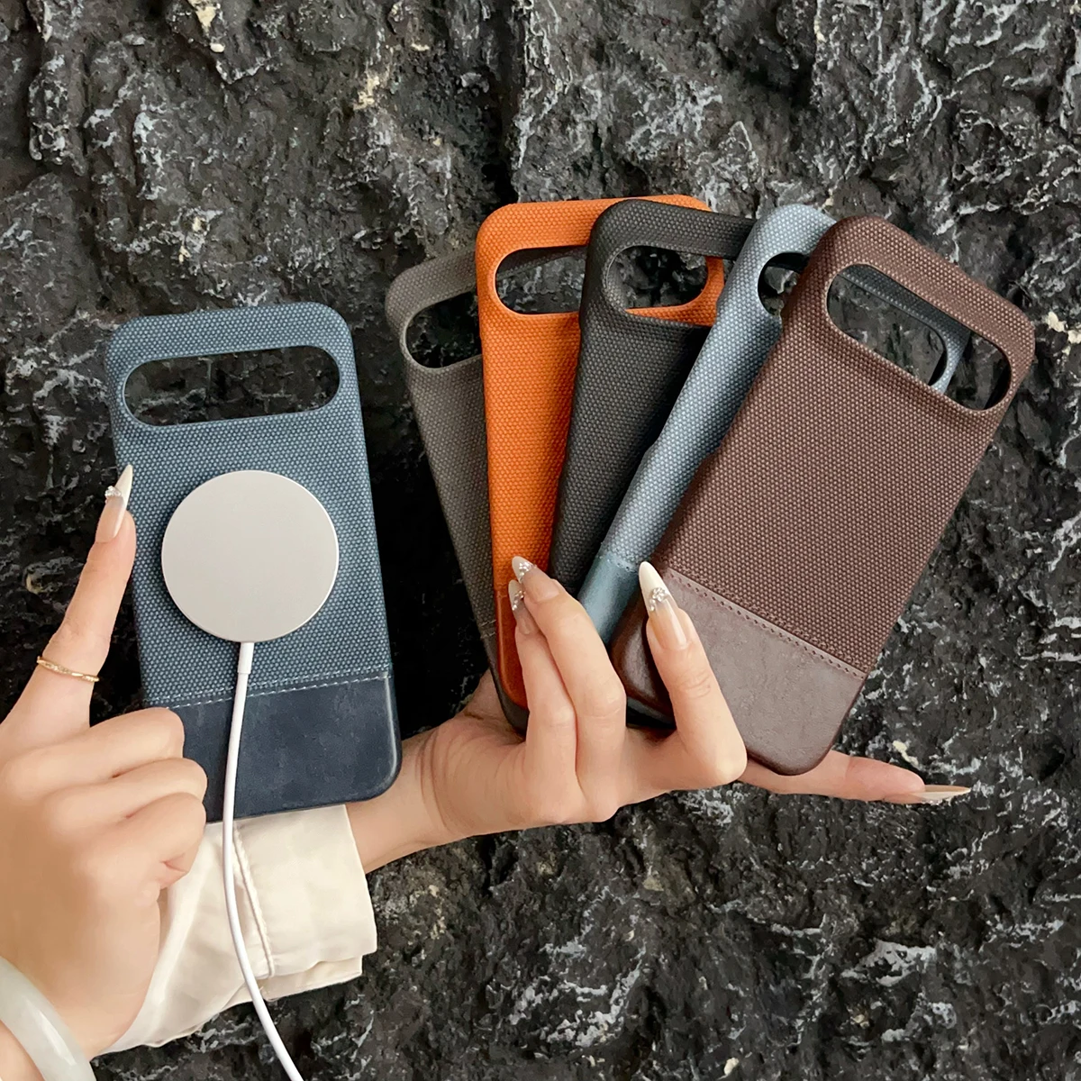 Funda magnética de cuero y tela para Google Pixel 10 9 8 Pro XL 8A, funda con imán de bloque de color para Fundas antigolpes Mag-safe Charge