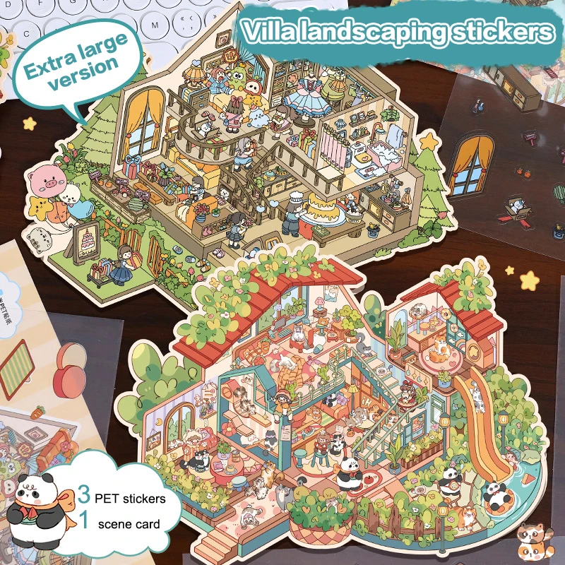 Pegatinas de manual DIY para paisajismo tridimensional creativo de dibujos animados de gran tamaño, pegatinas bonitas para pegar apilamiento de escena de cabina