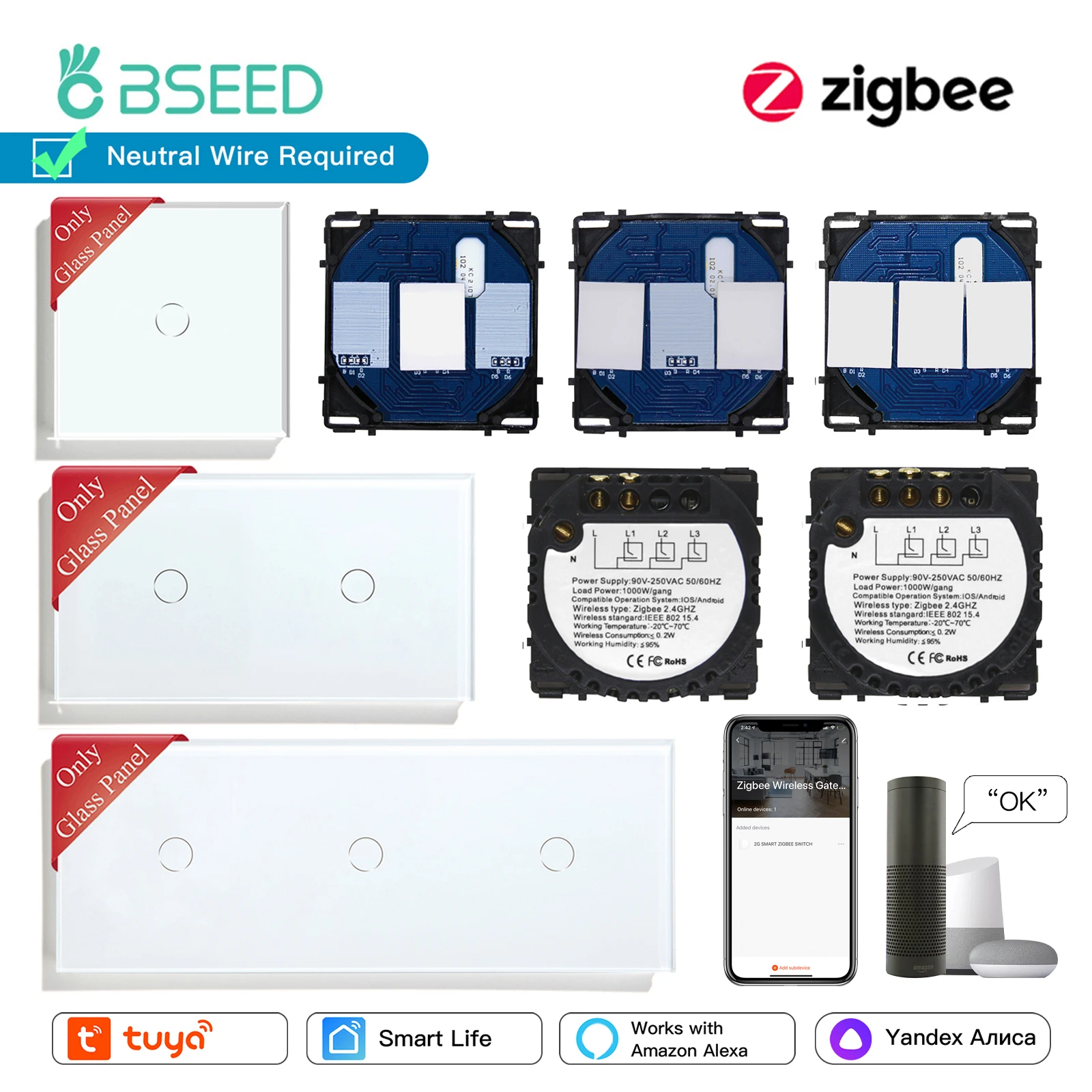 BSEED 1/2/3Gang Zigbee interruptores inteligentes función Base Tuya Smart Life App Control Panel de vidrio táctil con placa de Metal piezas de bricolaje