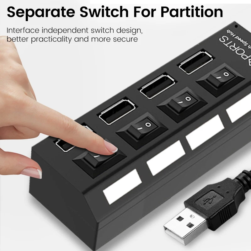 Concentrador de puertos USB 2,0 para el hogar, adaptador de corriente de 4/7 puertos, expansor múltiple con interruptor, Cable de 30CM - imagen 3