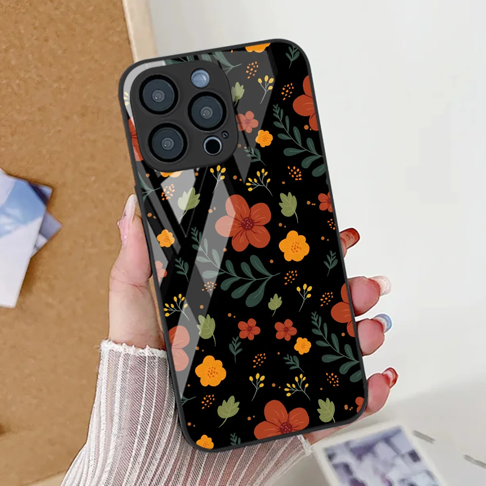Funda de teléfono con hojas de flores para iPhone 17 Pro, funda de vidrio templado para iPhone 14 13 11 15 12 16 Pro Max 17 Air 16E SE 7 8 Plus XR - imagen 3