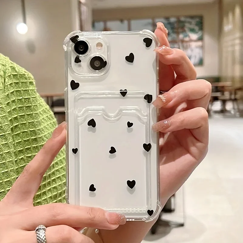 Funda de teléfono transparente suave con diseño de corazón de amor negro para iPhone 16 15 14 13 12 11 Pro Max XS X 7 8 Plus SE 2022 funda tipo billetera para tarjetas - imagen 3