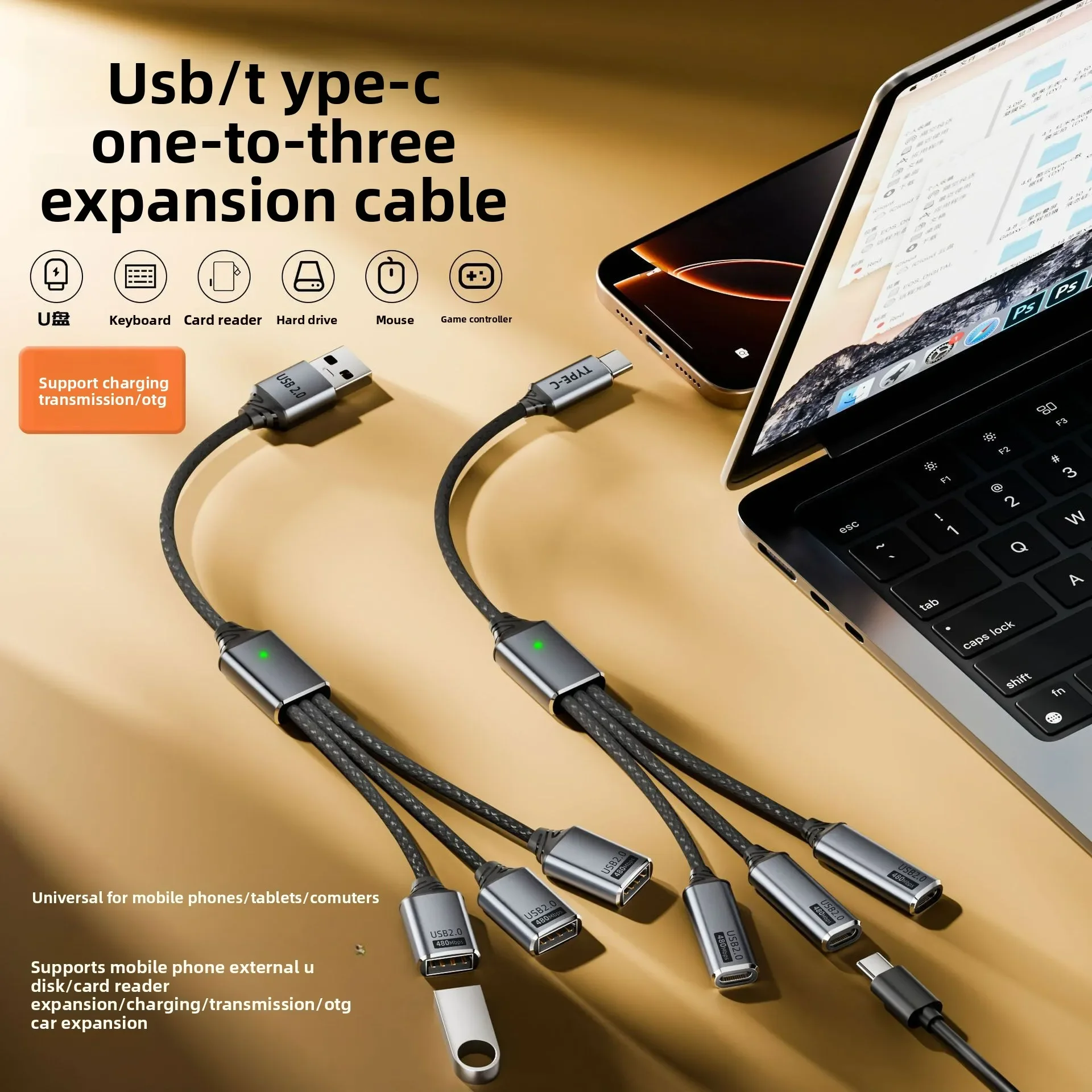 USB 2,0 OTG multipuerto Hub tipo C USB-A 3 en 1 divisor de carga 480Mbps adaptador de datos para Macbook y conectividad de dispositivos externos - imagen 5