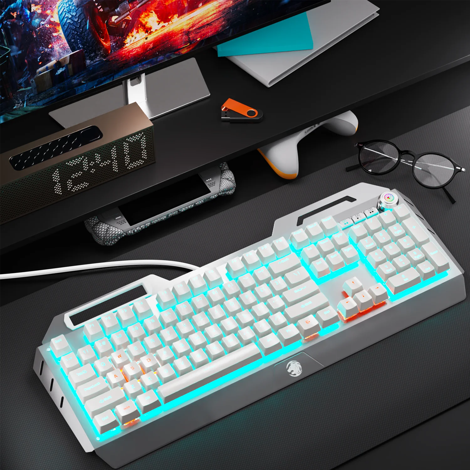 EWEADN Teclado mecánico para juegos con cable, interruptor azul con perilla, 104 teclas, ergonómico, duradero, para juegos/juegos, ordenadores portátiles/unidad, deportes electrónicos/juegos